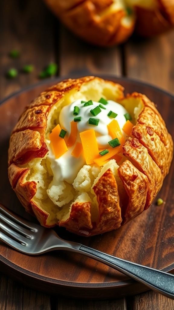 A crispy jacket potato topped with sour cream, cheese, and chives on a wooden table.
